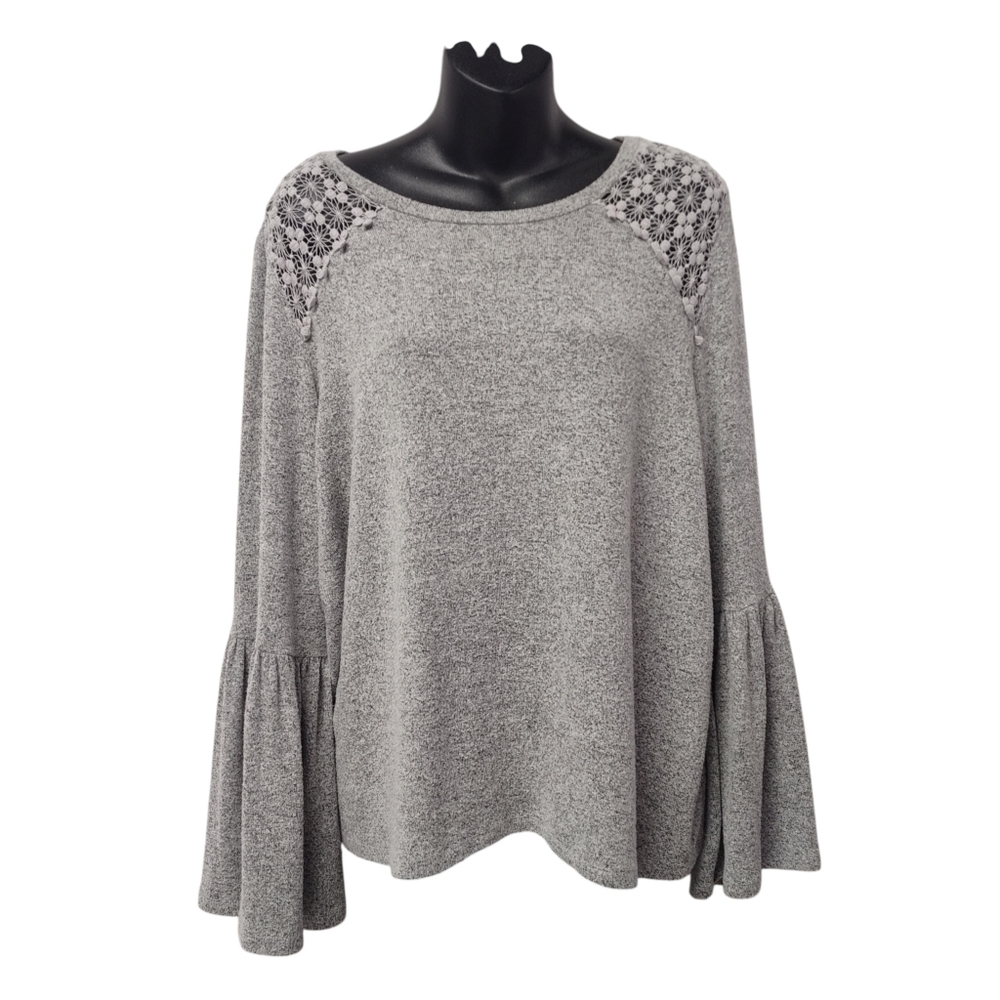 Liz Claiborne Women's Gray Bell Sleeve Floral Lace Trimmed Thin Knit Sweater L